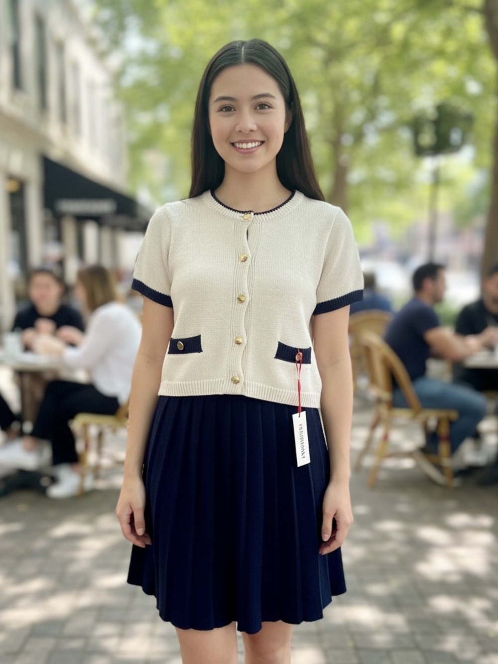Freshman Cream & Navy Short-Sleeve Knit Cardigan and Pleated Skirt Set